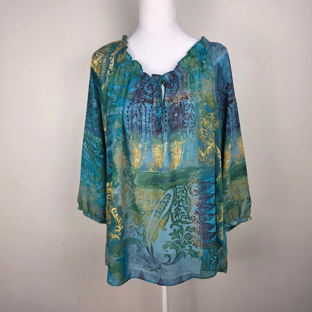 Chaps Womens XL Teal Blue Paisley Metallic Gold Ruffle Neck Peasant Blouse Top